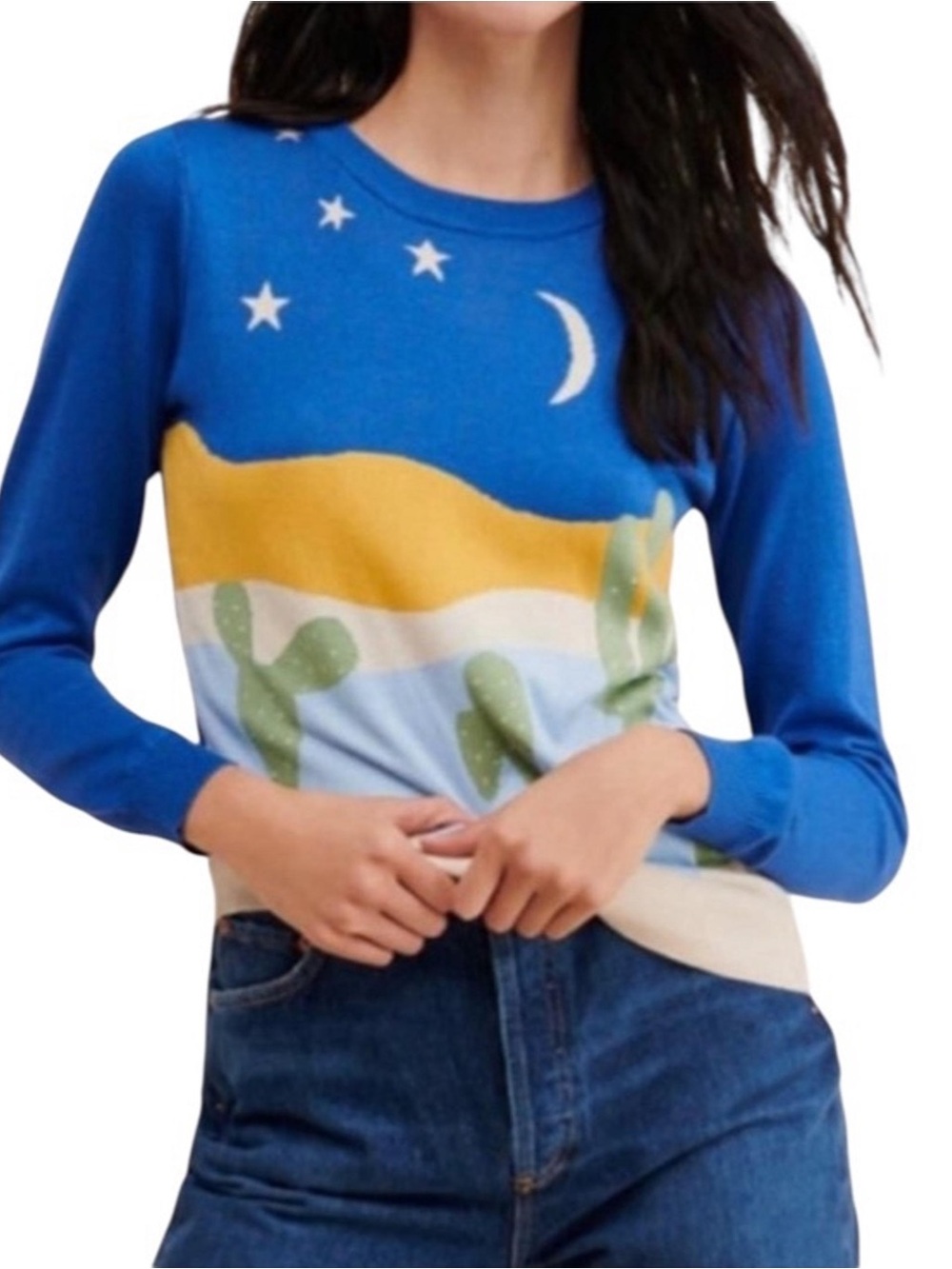 Modcloth Royal Blue Desert Scene Crewneck Sweater with Yellow and Green Accents